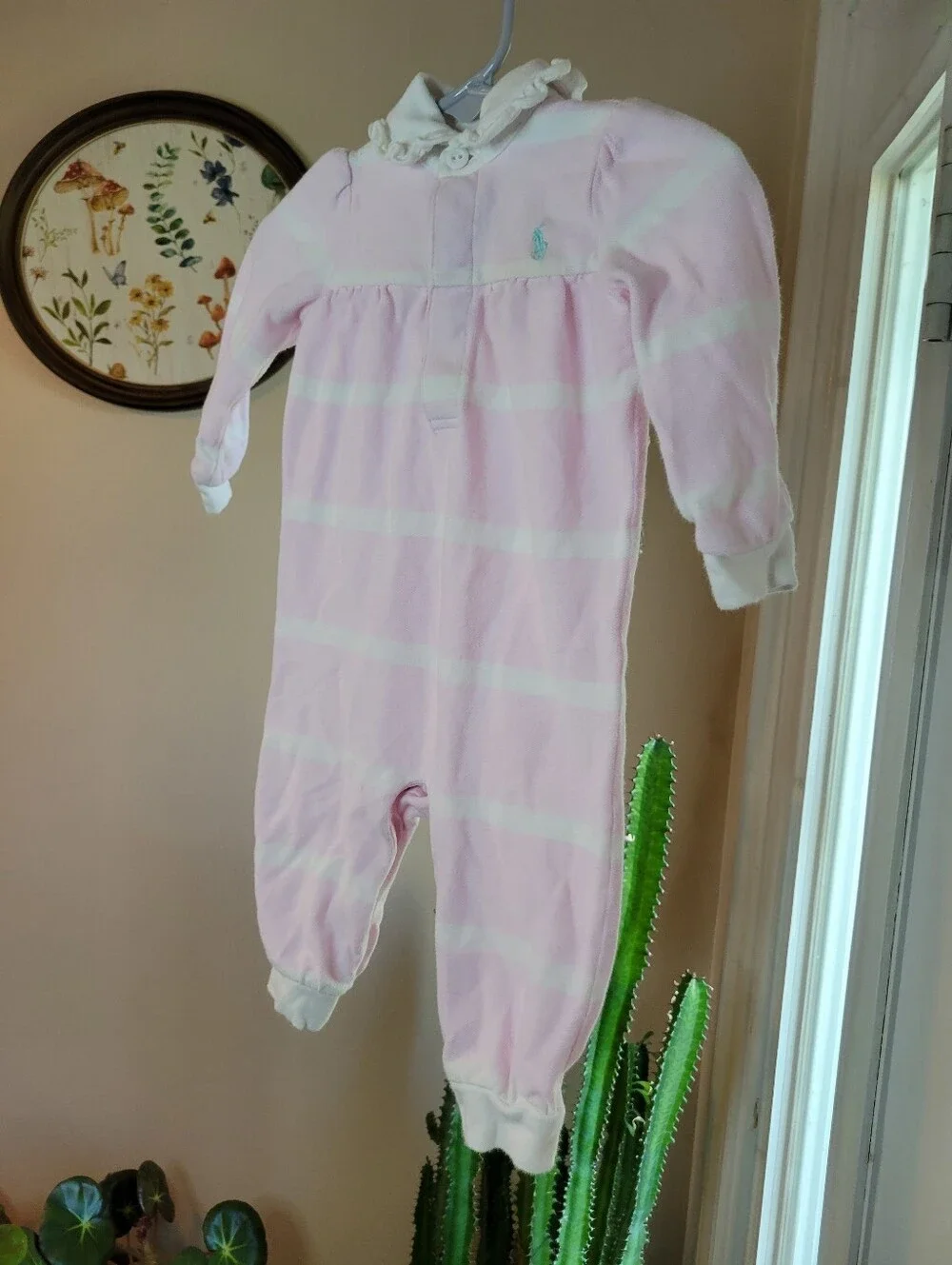 Vintage Polo Ralph Lauren Pink & White Striped Pony Logo One Piece, Size 3-6M